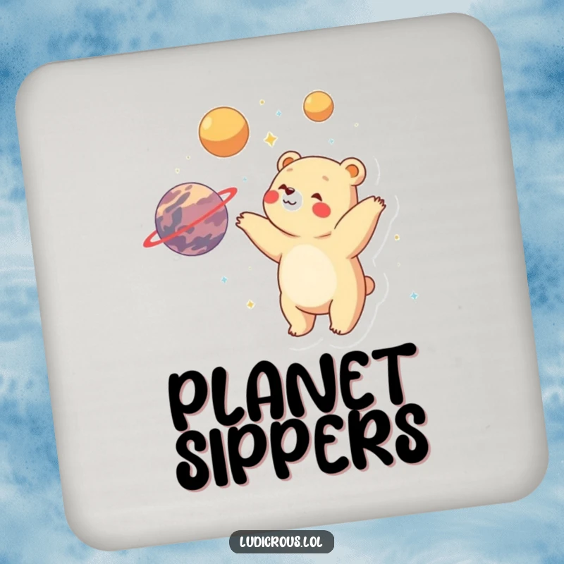 Funny bear juggling planets with visible delight and wonder, protecting surfaces on a durable drink coaster.