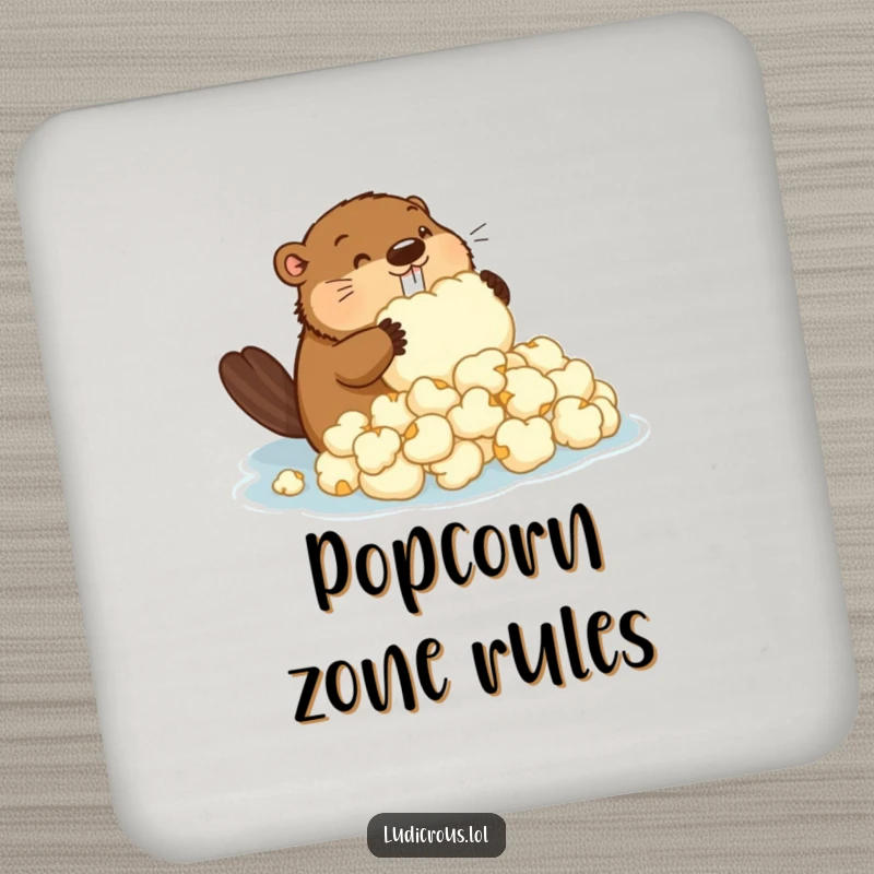 Funny drink coaster with a determined beaver building a dam from giant popcorn, a humorous and protective gift.