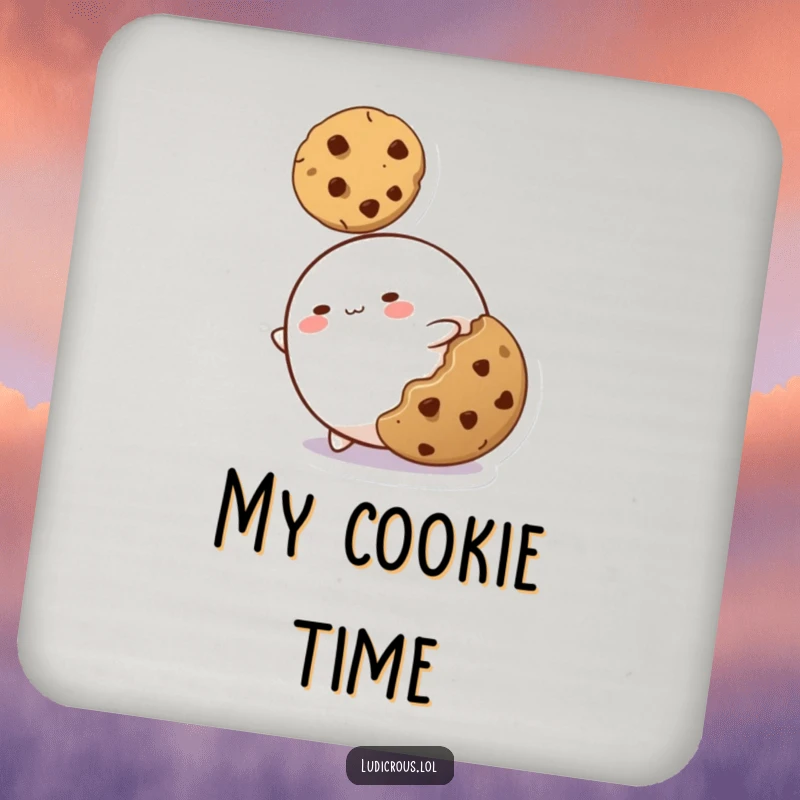 Funny coaster featuring a blob character stretching to reach a cookie, a humorous way to protect furniture.
