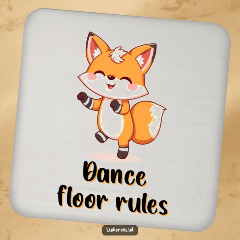 Funny drink coaster with a cheerful fox in mismatched socks doing a silly dance, perfect for stylish and humorous decor.