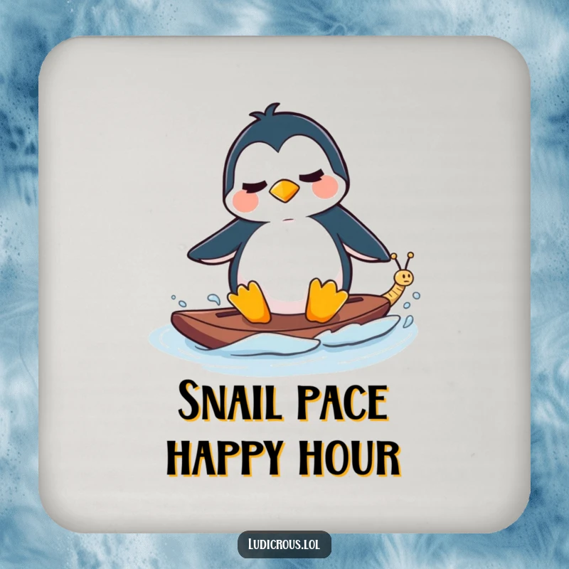Funny Drink Coaster with a perplexed penguin waterskiing behind a tiny, fast-moving snail, practical arctic humor.
