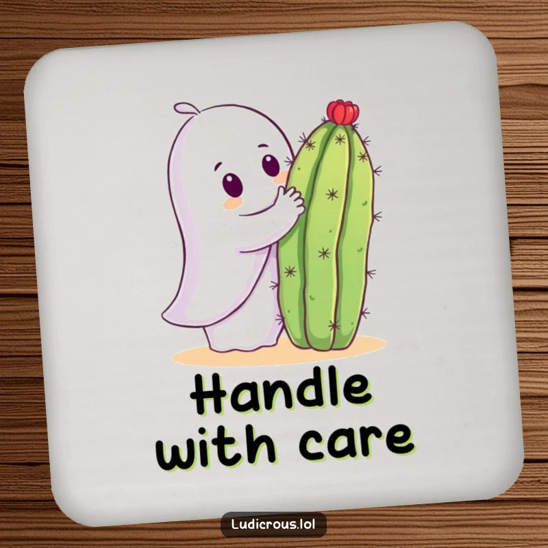 Funny drink coaster showing a ghost trying to hug a sharp cactus, creating a humorous visual for drink protection.