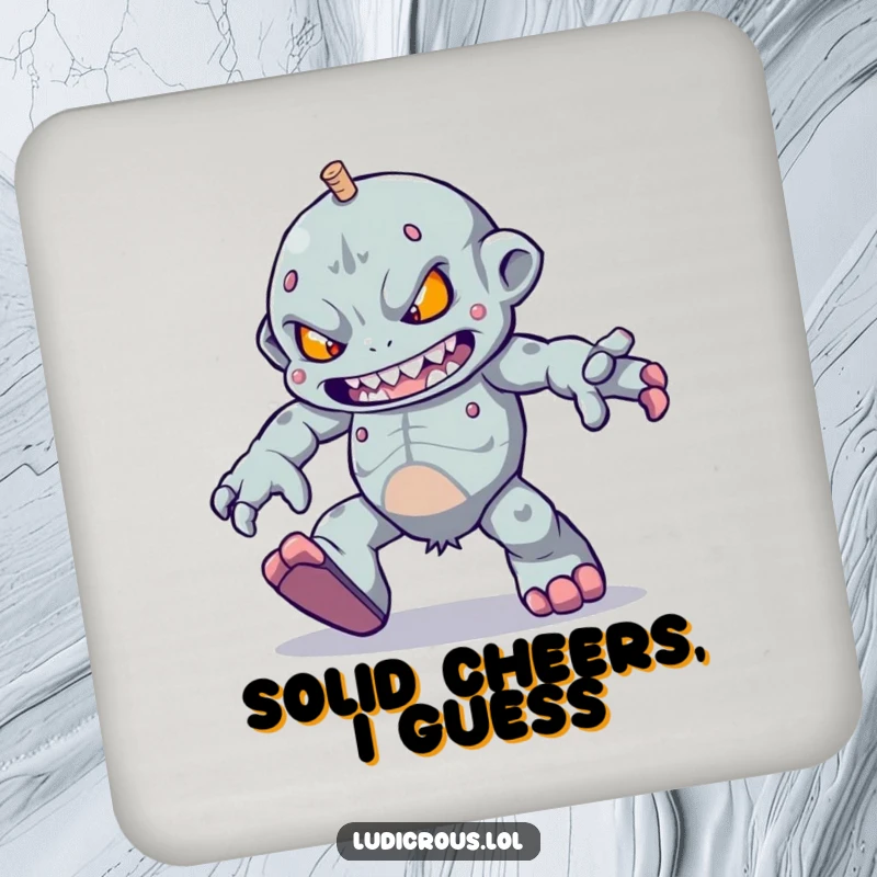 Funny determined golem character trying to skip with heavy feet, this coaster is a funny gift for tables.
