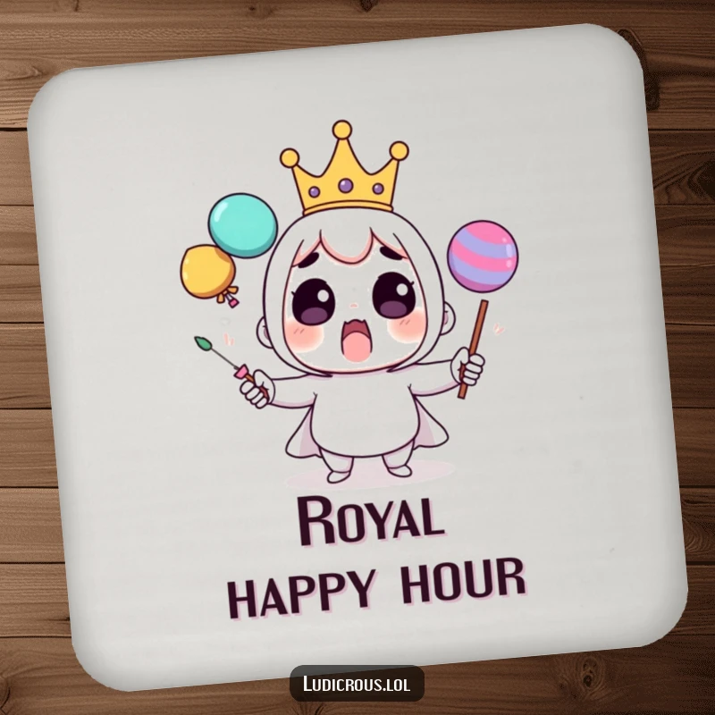 Funny drink coaster featuring a surprised crowned character comically juggling oversized, wobbly objects, protecting surfaces with humor.