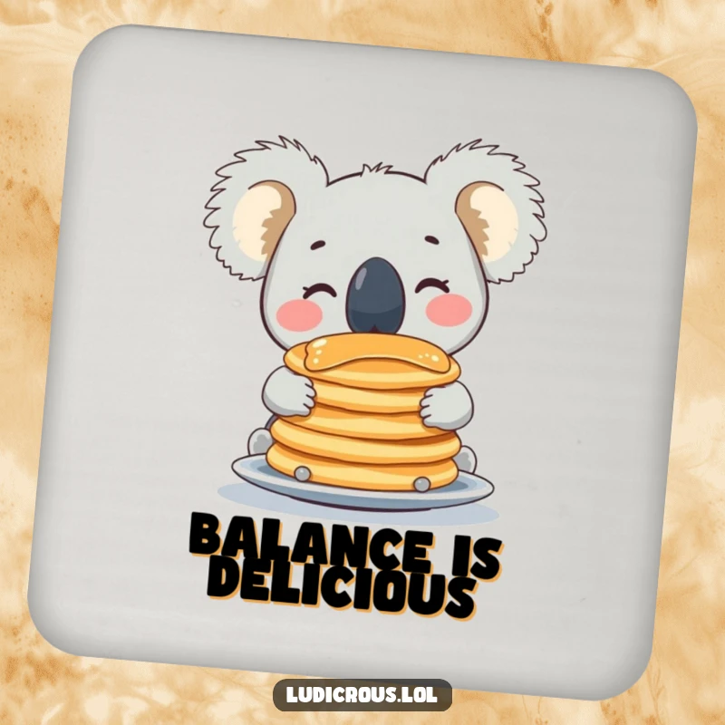 Funny koala coaster showing a happy animal balancing a stack of pancakes on its nose, protecting tables with humor.