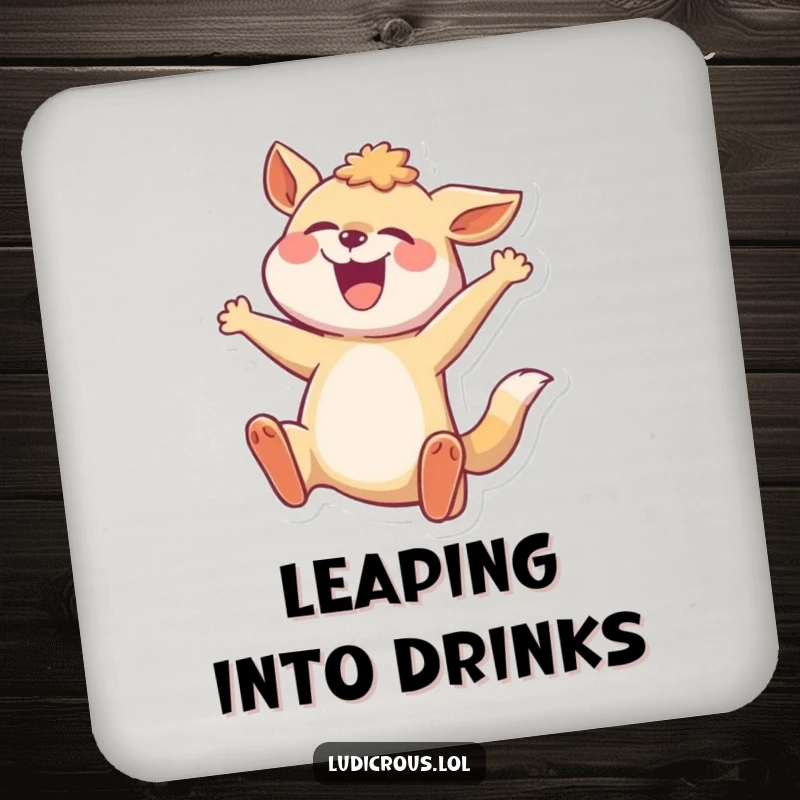Funny drink coaster featuring a joyful animal in a comically exaggerated mid-leap, protecting surfaces with humor.