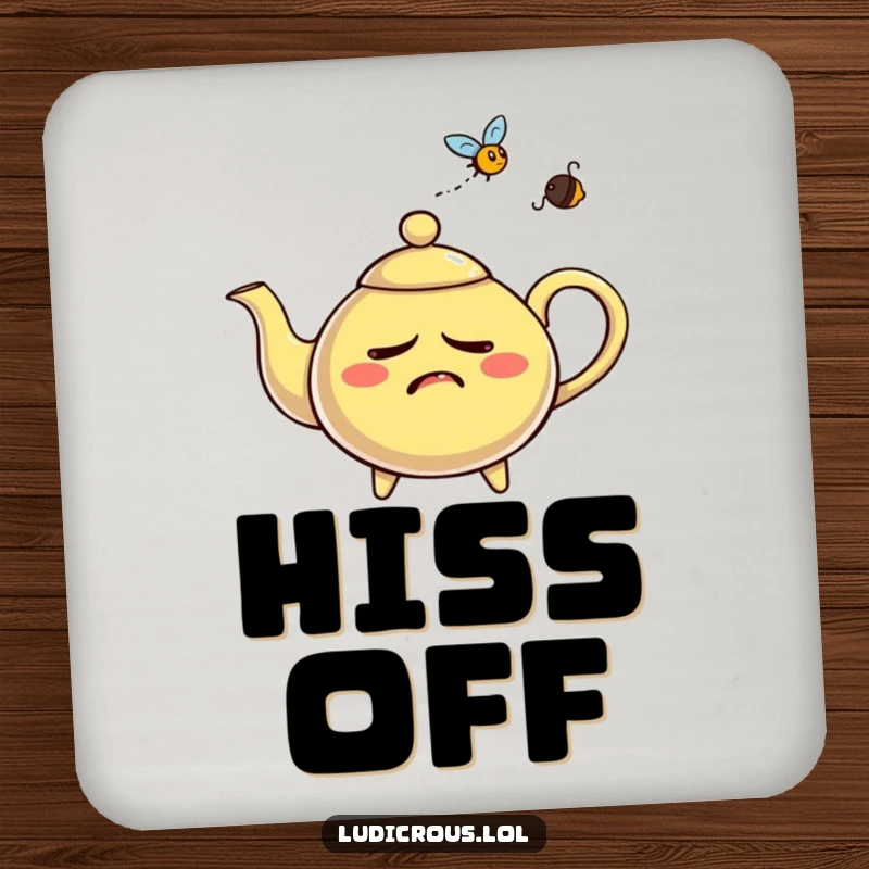 Funny nervous teapot coasters, whistling steam aggressively at a fly, protecting surfaces with a touch of steamy humor.