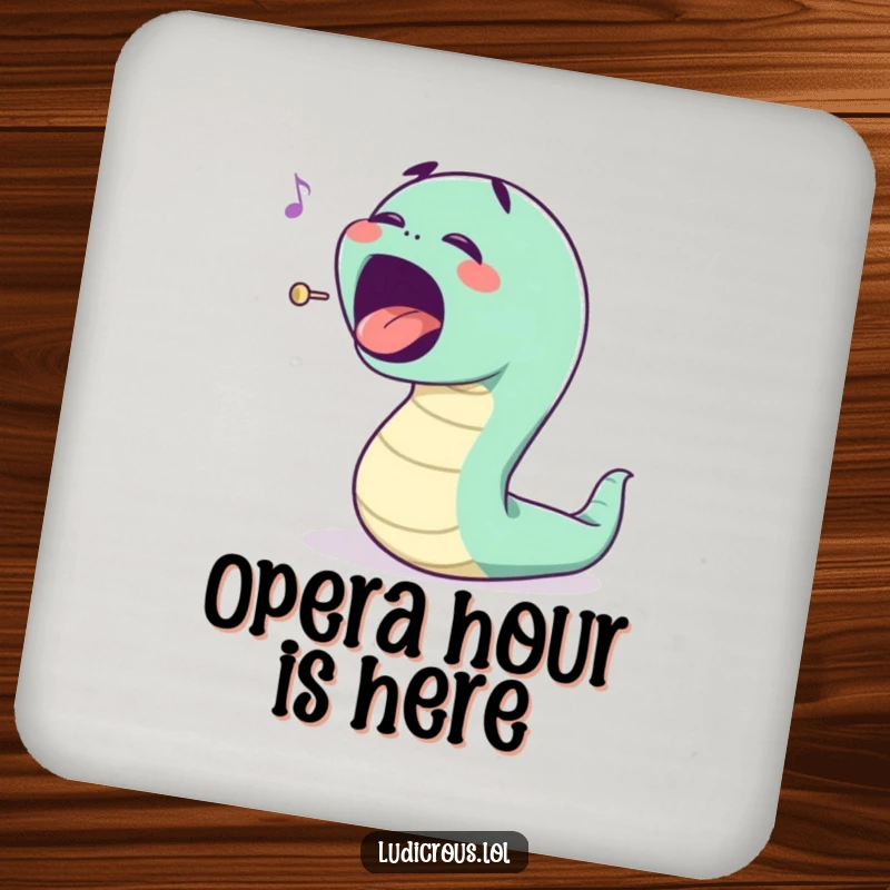 Funny bouncing worm character singing opera with an exaggerated mouth, this coaster is a funny gift for tables.