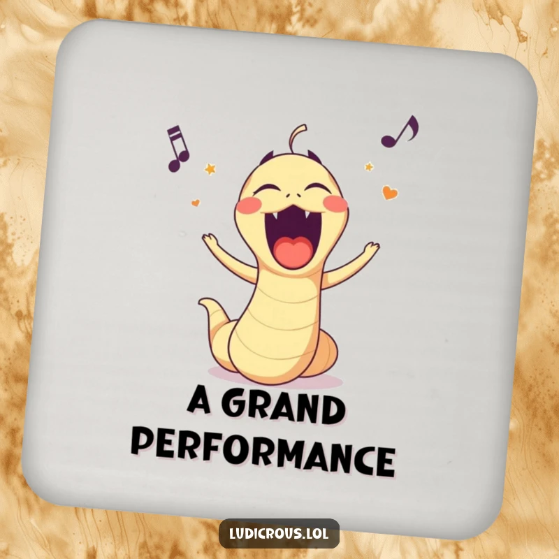 Funny drink coaster showing a worm dramatically singing opera with a wide, comical mouth, protecting your table.
