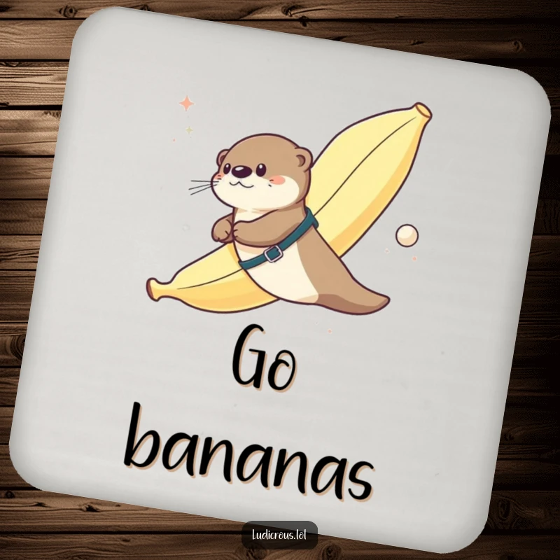 Funny drink coaster showing an otter strapped to a giant banana flying through space, a humorous addition to any tabletop.