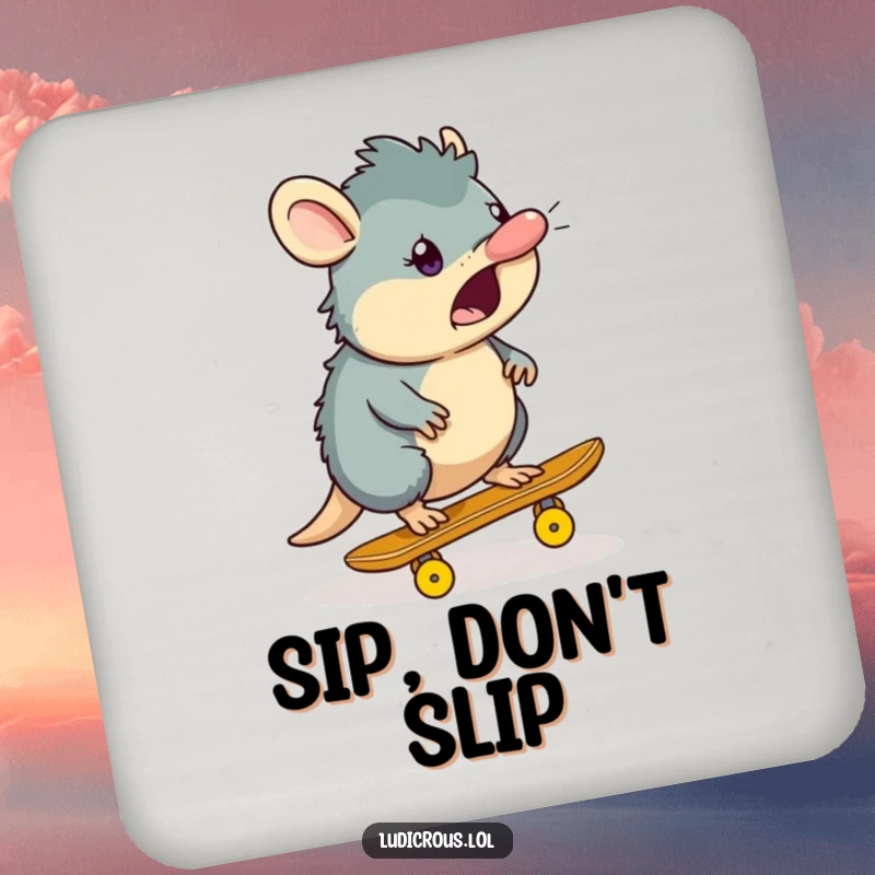 Funny platypus coaster with a surprised platypus character skateboarding on a banana peel, protecting surfaces with humor.