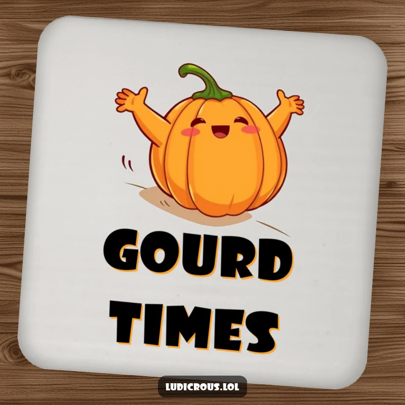 Funny plump pumpkin coasters, comically rolling downhill with arms windmilling wildly, protecting surfaces with Halloween spirit.