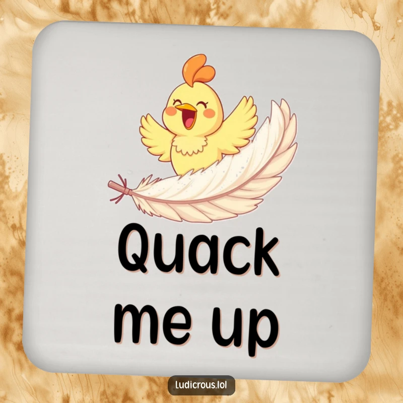 Funny rubber chicken gleefully soaring on a giant feather, featured on protective coasters, adding a humorous touch to any setting.