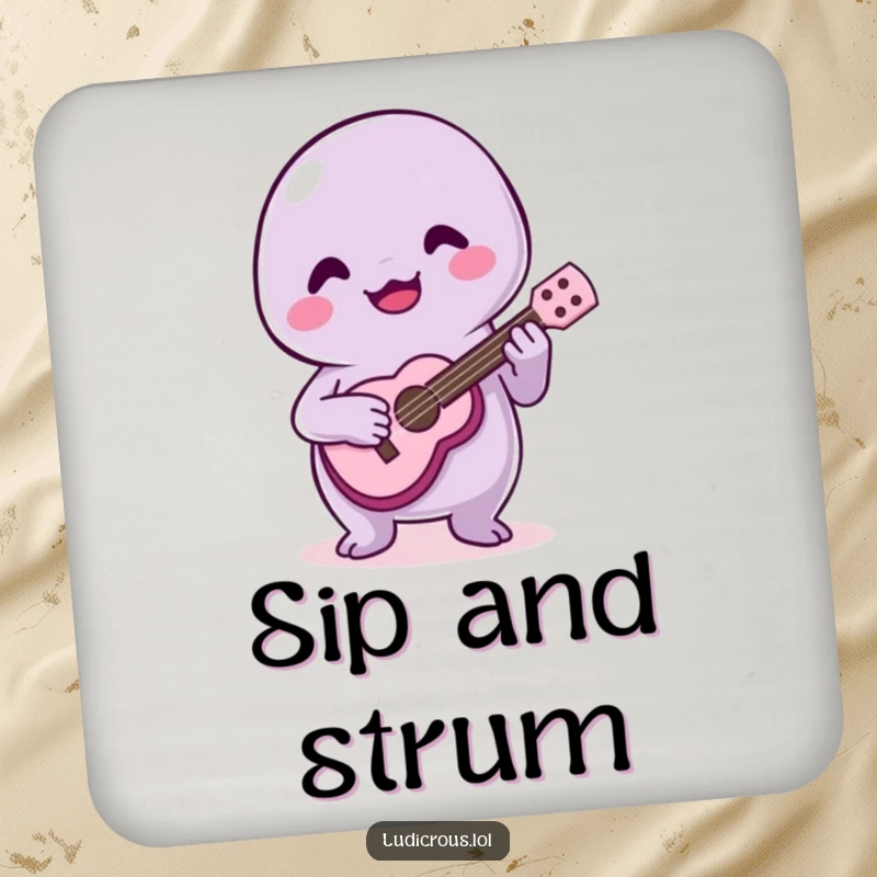 Funny drink coaster showing a happy slime creature playing a tiny ukulele poorly, creating a humorous visual.