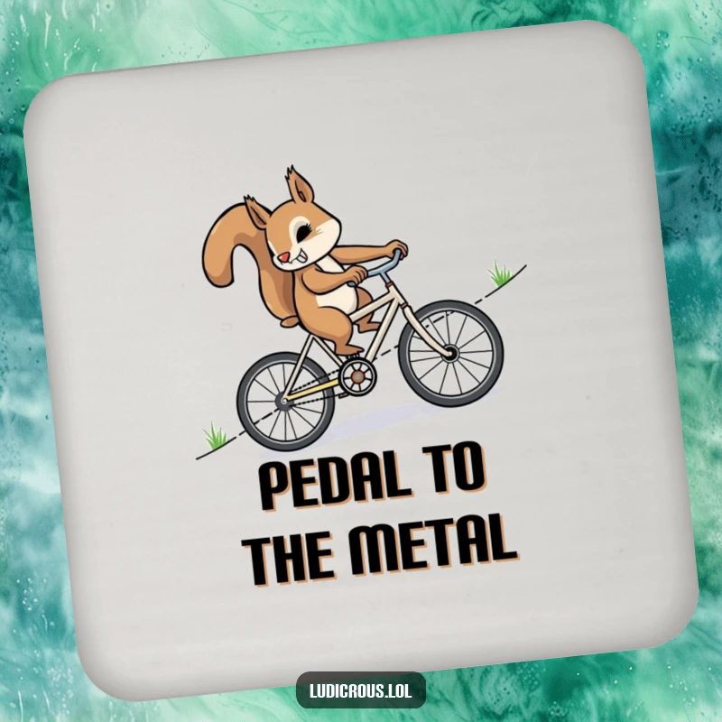 Funny squirrel furiously pedaling a miniature bicycle uphill, featured on protective coasters, adding a humorous and determined touch to any setting.