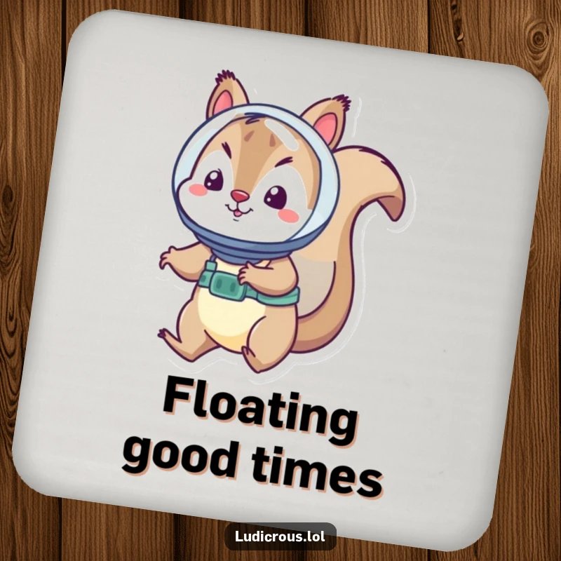 Funny squirrel coaster depicts a playful squirrel in a tiny helmet floating in space, adding cosmic humor.