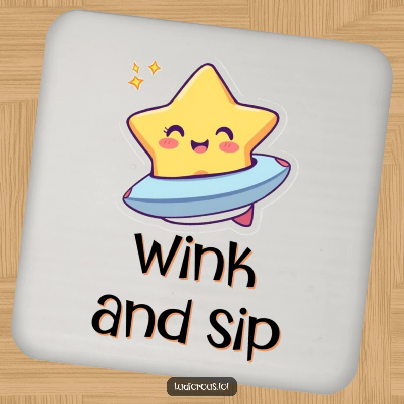 Funny drink coasters illustrating a cheerful star winking and transforming into a small spaceship, protecting surfaces with humor.