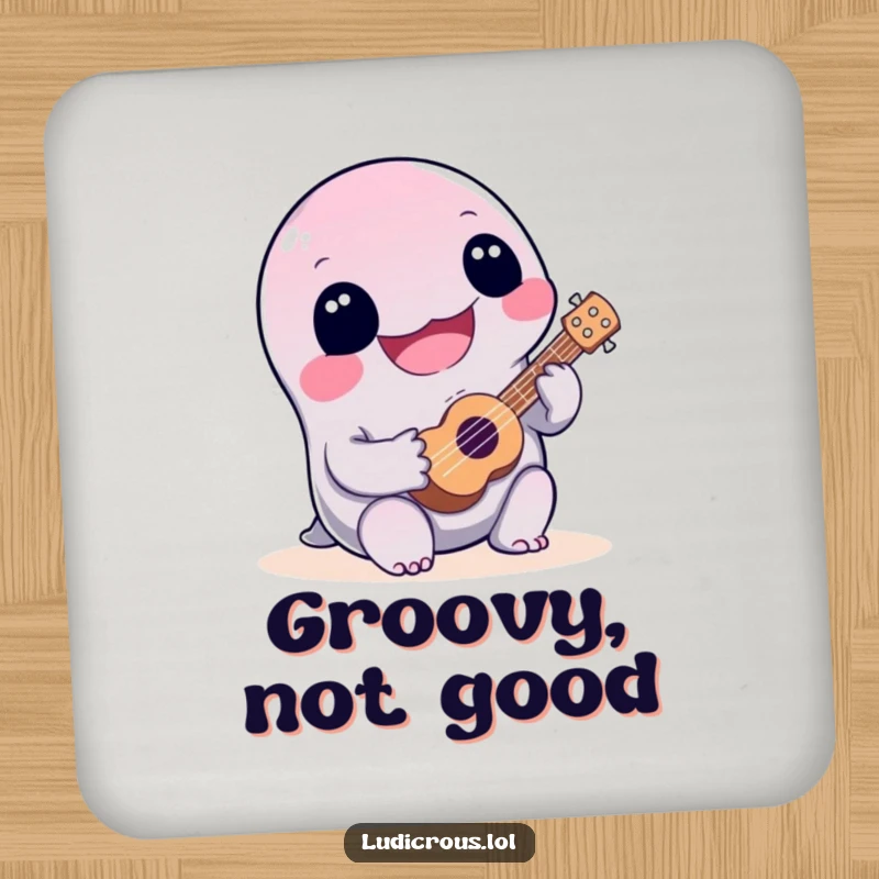 Funny slime creature joyfully playing a tiny ukulele poorly, a humorous design for drink coasters that adds character.