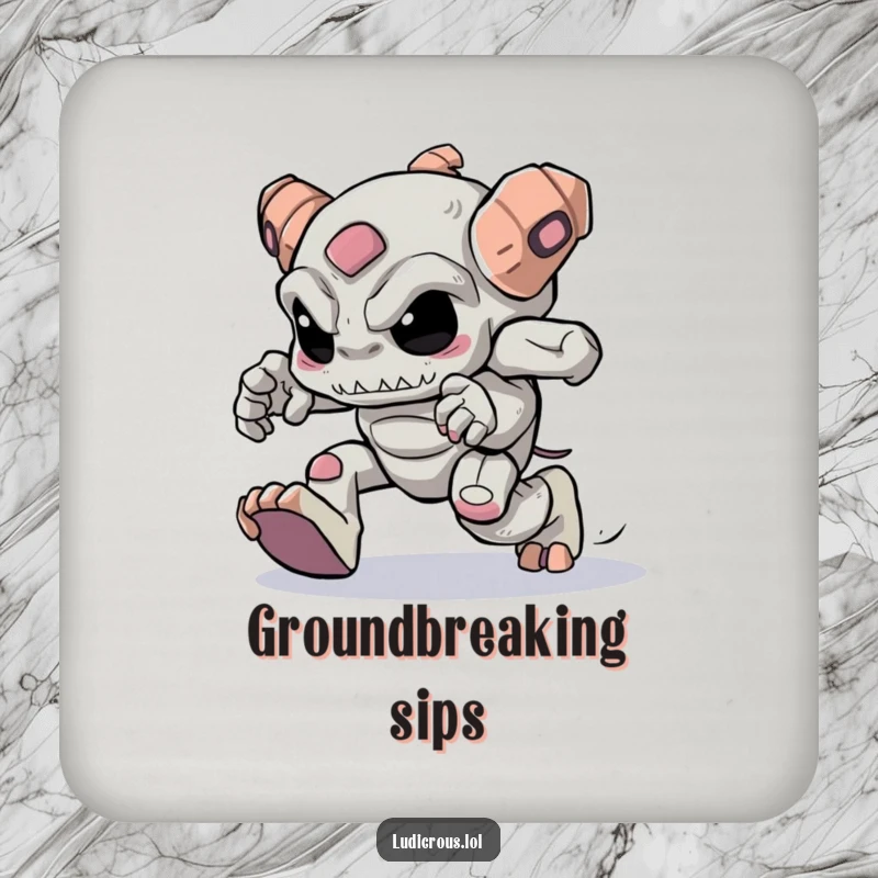 Funny golem with heavy feet trying to skip, a humorous drink coaster for determined souls.