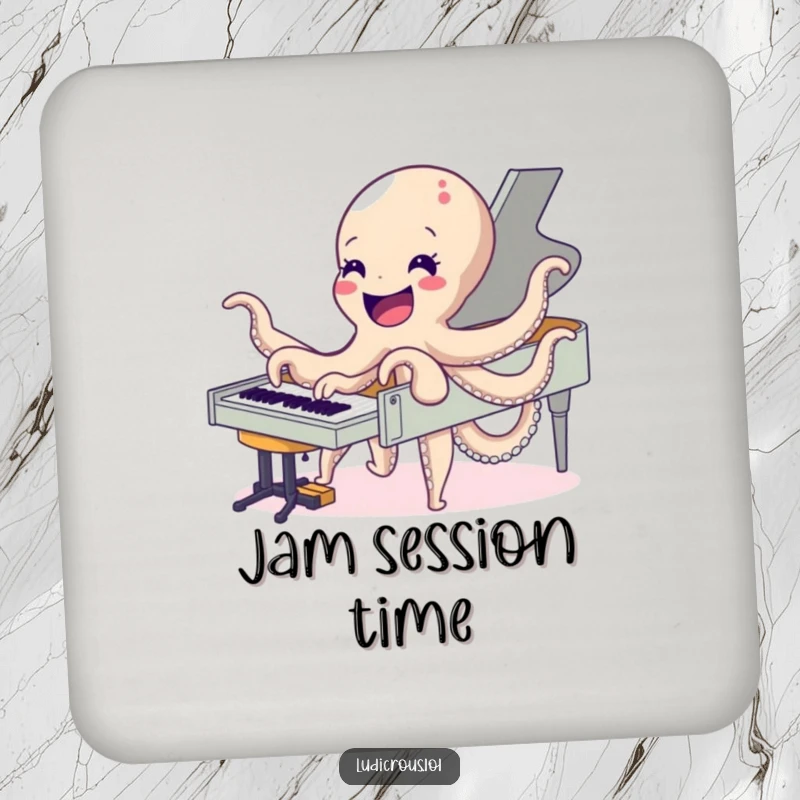Funny coaster featuring a delighted octopus playing a piano with all its arms, adding a musical and humorous touch to drink protection.