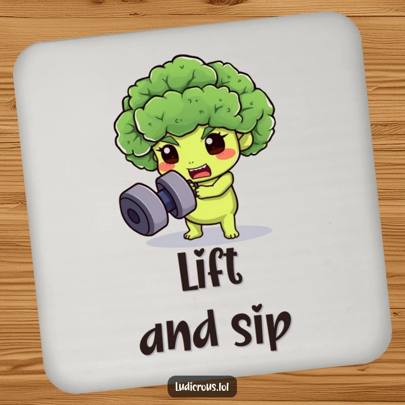 Funny broccoli floret coasters, determinedly trying to lift a dumbbell, protecting surfaces with humorous fitness motivation.