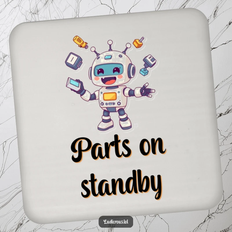 Funny coaster design featuring a cheerful robot comically juggling its own detached body parts, protecting surfaces with robotic silliness.