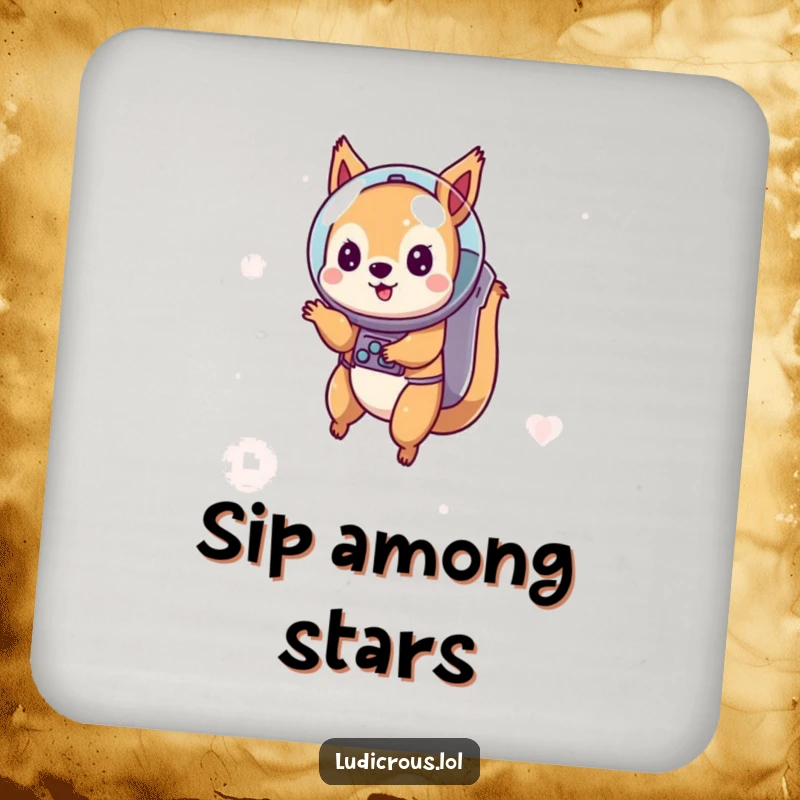 Funny drink coasters featuring a playful squirrel astronaut floating in space, adding humor and protection to tables.