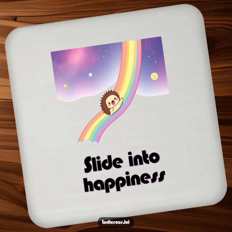 Funny drink coaster with a hedgehog gleefully sliding down a rainbow across a cosmic background, adding whimsy to tabletops.
