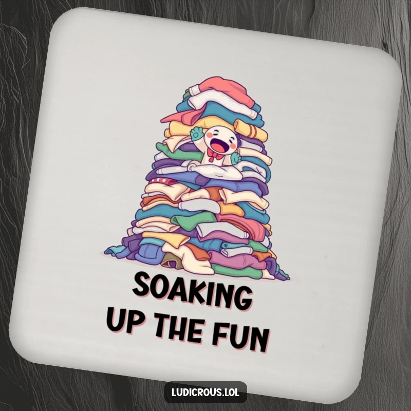 Funny drink coasters featuring a determined sock puppet climbing a monumental pile of laundry, protecting surfaces with humor.