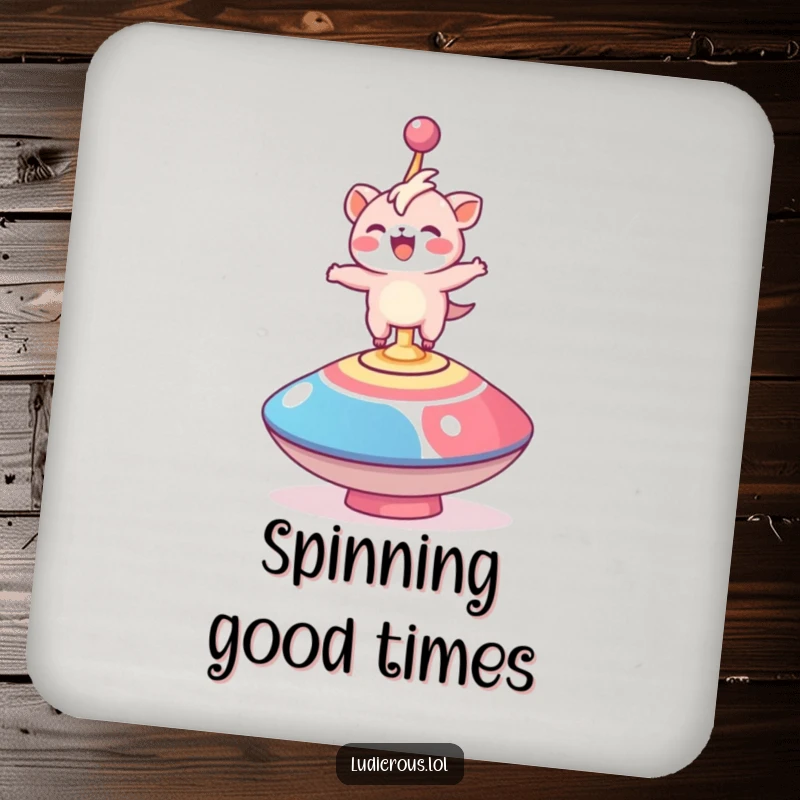 Funny drink coaster featuring a delighted creature comically balancing on a giant spinning top, protecting surfaces with humor.