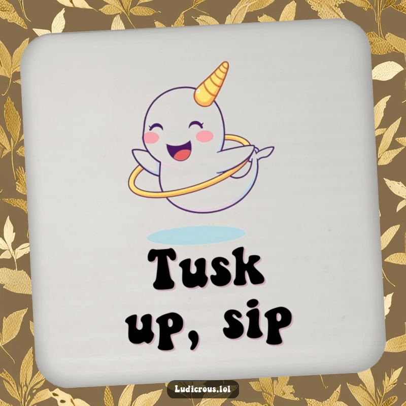 Funny narwhal coaster with a chuckling narwhal character attempting to hula hoop using its tusk, protecting surfaces with humor.