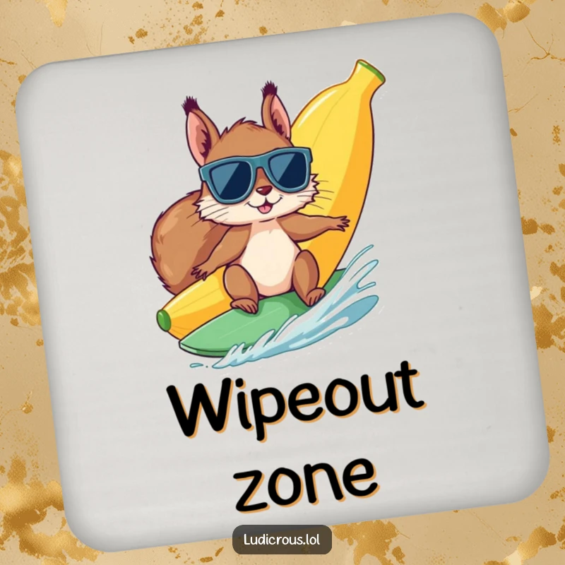 Funny squirrel wearing sunglasses surfs a giant banana on a drink coaster, adding humorous protection to surfaces.
