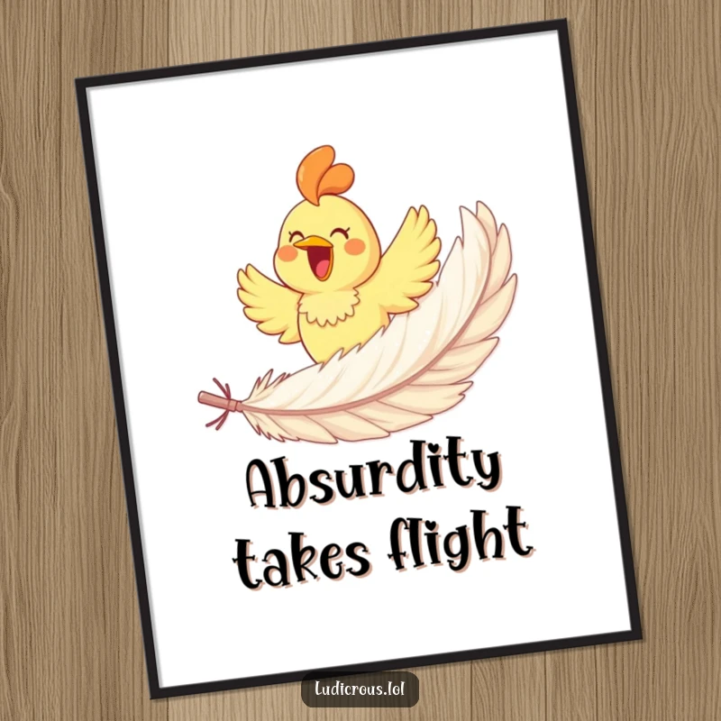 Funny rubber chicken joyfully soaring on a giant feather, vibrant wall art poster conveying pure fun and humorous flight.