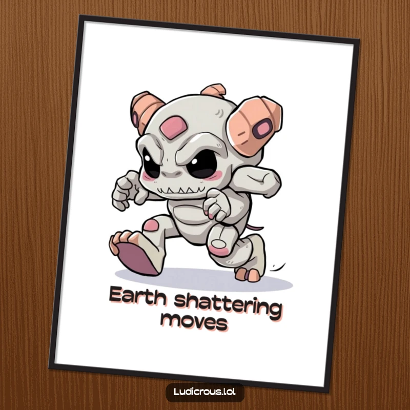 Funny determined golem attempting to skip with large, heavy feet, humorous wall art.