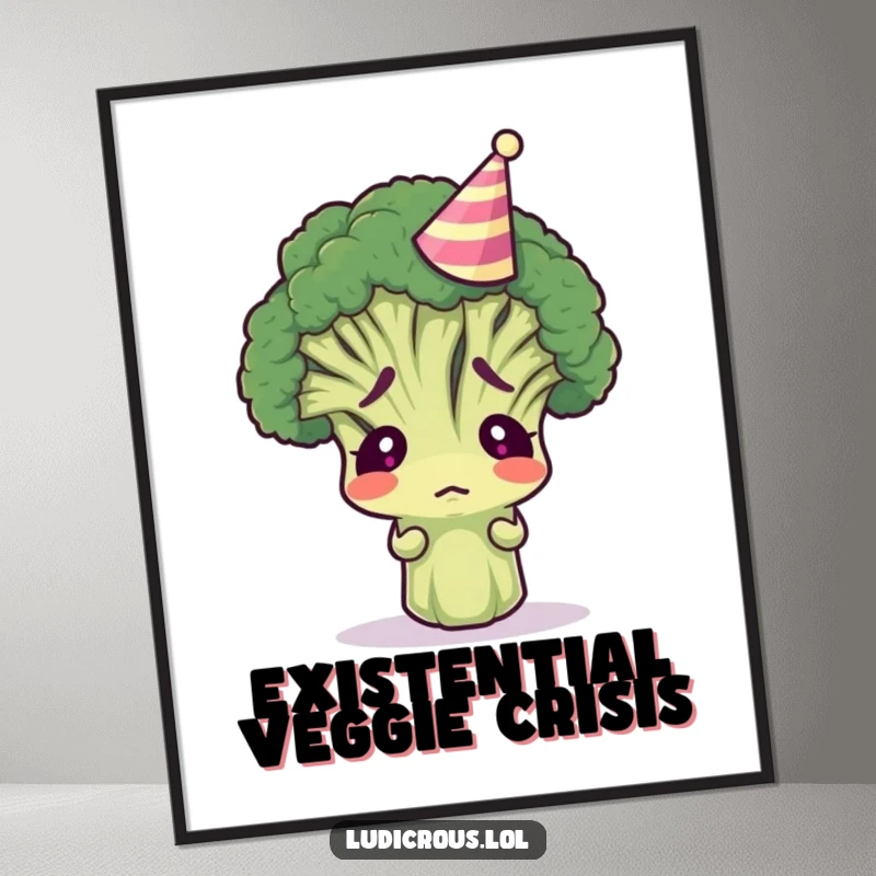 Funny broccoli floret wearing a tiny party hat, looking bewildered, vibrant wall art poster conveying confusion and humor.