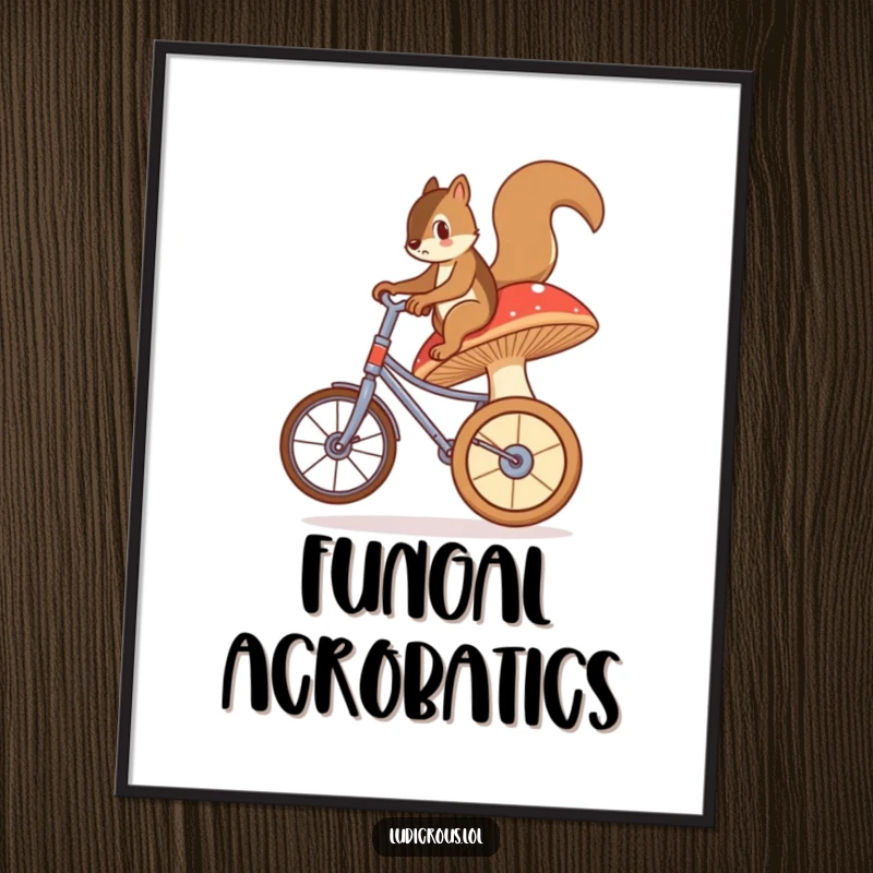 Funny poster showing a bewildered squirrel attempting to ride a huge, unstable mushroom as if it were a unicycle, full of comical tension.