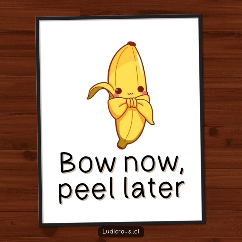 Funny poster depicting a curious banana peel comically attempting to tie itself into a bow, adding a touch of silliness to decor.