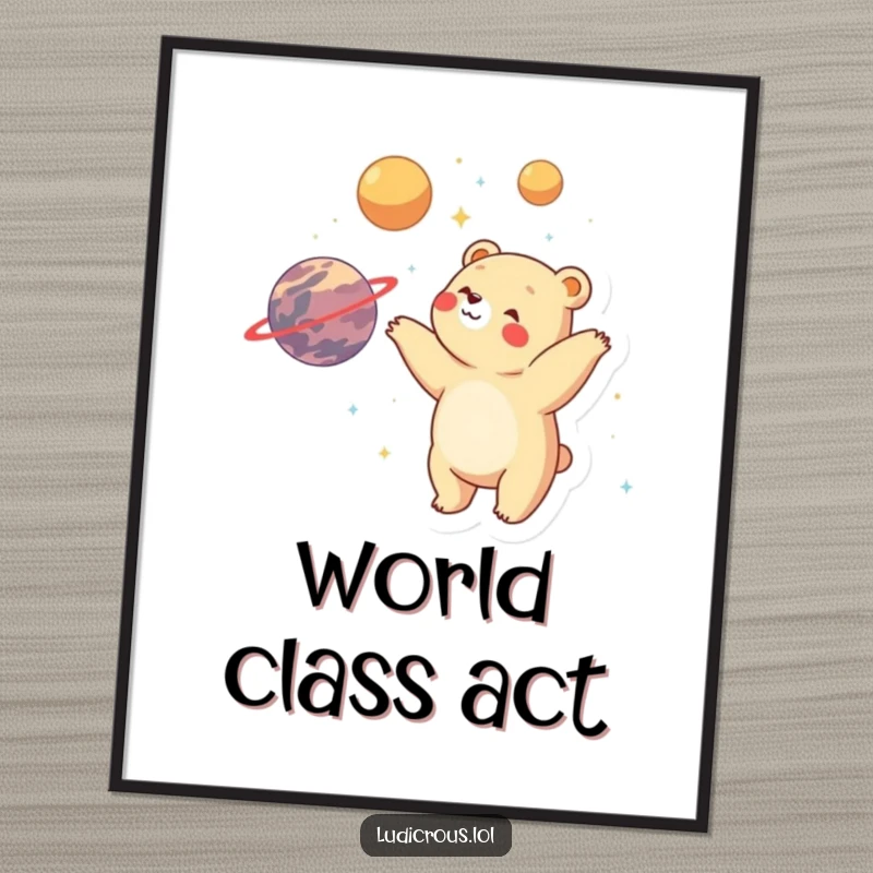 Funny bear juggling planets with visible delight and wonder, depicted as a vibrant and humorous poster.