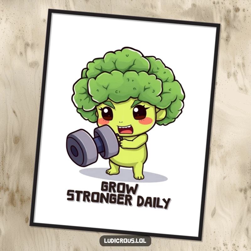 Funny broccoli floret poster, determinedly attempting to lift a heavy dumbbell, showcasing a comical dedication to fitness.