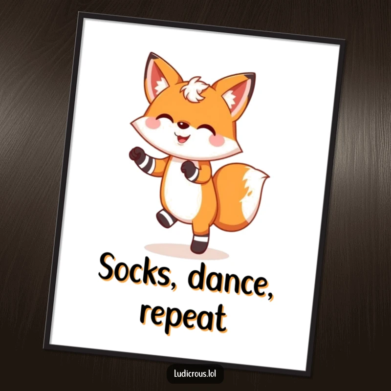 Funny poster art of a cheerful fox wearing mismatched socks and performing a silly dance, bringing vibrant humor.