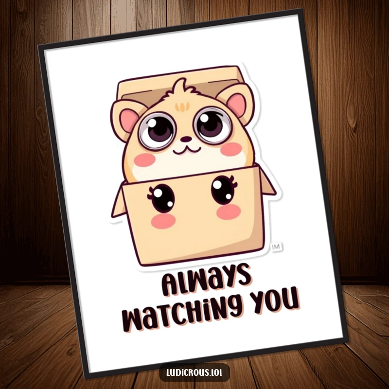 Funny poster art of a creature with numerous eyes, playfully peeking from a small box, creating a whimsical and slightly mysterious scene.