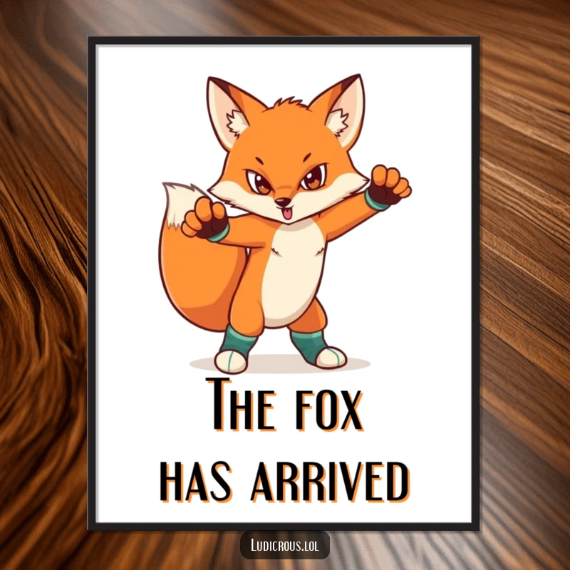 Funny poster art of a determined fox striking a dramatic pose, wearing colorful mismatched socks. Quirky and stylish animal illustration.