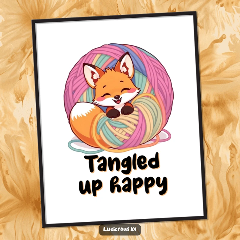 Funny giggling fox tangled in a giant ball of bright yarn, displayed as wall art, radiating playful, humorous, and cozy vibes.
