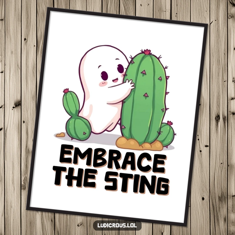 Funny ghost's determined but awkward hug attempt with a prickly cactus, a humorous illustration for eye-catching wall art.