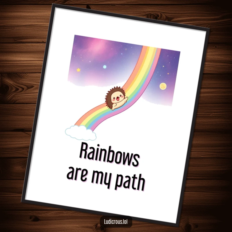 Funny poster art of a hedgehog gleefully sliding down a vibrant rainbow across a vast, star-dusted cosmic expanse.