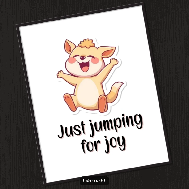 Funny poster illustrating a joyful animal frozen in a comically exaggerated mid-leap, expressing ultimate happiness and movement.