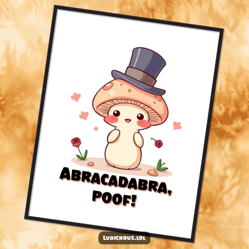 Funny poster depicting a blushing mushroom in a top hat, attempting to magically disappear, a charming and humorous piece of art.