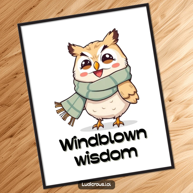 Funny poster depicting a grinning owl with a dramatically oversized scarf caught in strong winds, capturing a humorous outdoor scene.