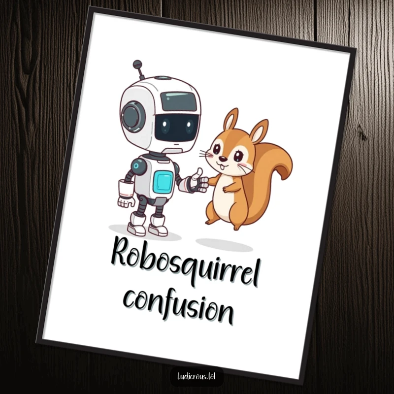 Funny Poster of a confused robot attempting a high-five with a mischievous squirrel, humorous tech wall art.