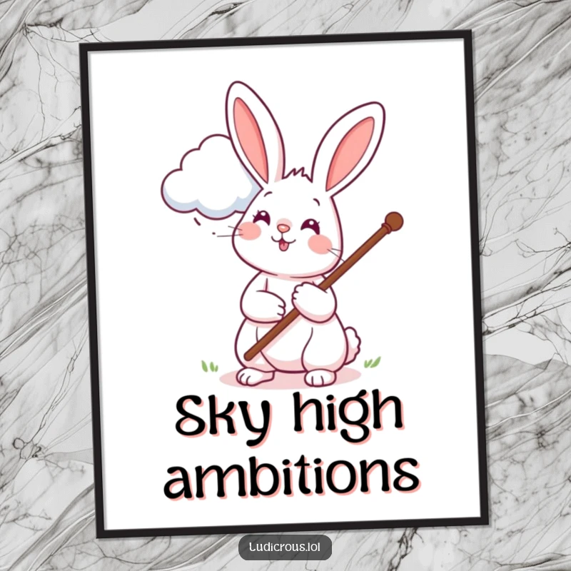 Funny poster depicting a cheerful rabbit reaching with a comically long pole to pet a soft cloud, capturing a whimsical and funny moment.